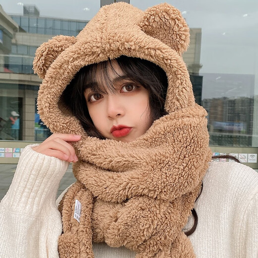笙格儿 帽子女冬季韩版可爱小熊毛绒卡通帽子围巾手套三件套防风防寒一体套装学生保暖生日礼物圣诞节 米黄色-帽子围巾手套 笙格儿 帽子女冬季韩版可爱小熊毛绒卡通帽子围巾手套三件套防风防寒一体套装学生保暖生日礼物圣诞节 米黄色-帽子围巾手套