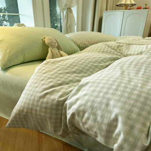 Miaopule Japanese-style four-piece set Japanese-style mixed washed cotton bed four-piece set ins style simple quilt cover bed sheet dormitory light green check + stripe 0.9m bed three-piece quilt cover suitable for 150x200cm Miaopule Japanese-style four-piece set Japanese-style mixed washed cotton bed four-piece set ins style simple quilt cover bed sheet dormitory light green check + stripe 0.9m bed three-piece quilt cover suitable for 150x200cm