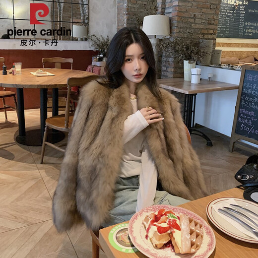 Pier Cardin imported whole-skinned fox fur coat for women 2025 winter new style smudge cream color slimming coat amber brown spot S Pier Cardin imported whole-skinned fox fur coat for women 2025 winter new style smudge cream color slimming coat amber brown spot S