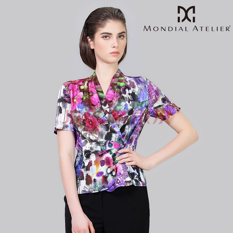mondial atelier/蒙迪爱尔花香韵调桑蚕丝经典短袖衬衫 m13cc0256 蓝