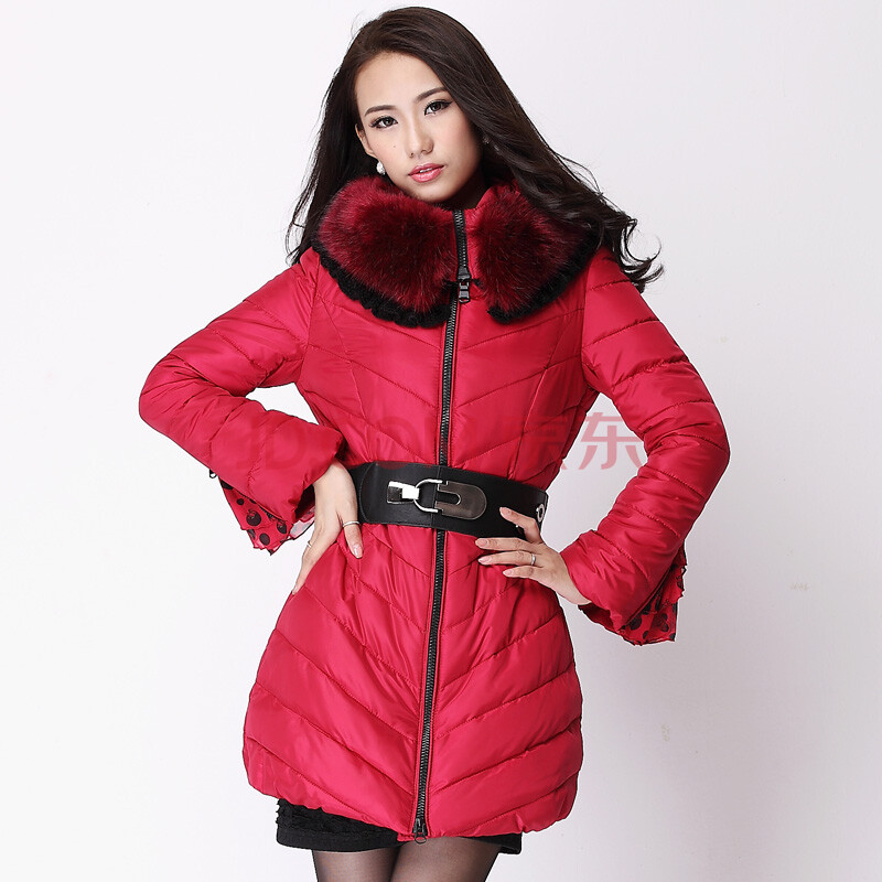 新中长款束腰带拉链连帽毛领外套羽绒棉服外套欧美高端成熟女装 红色