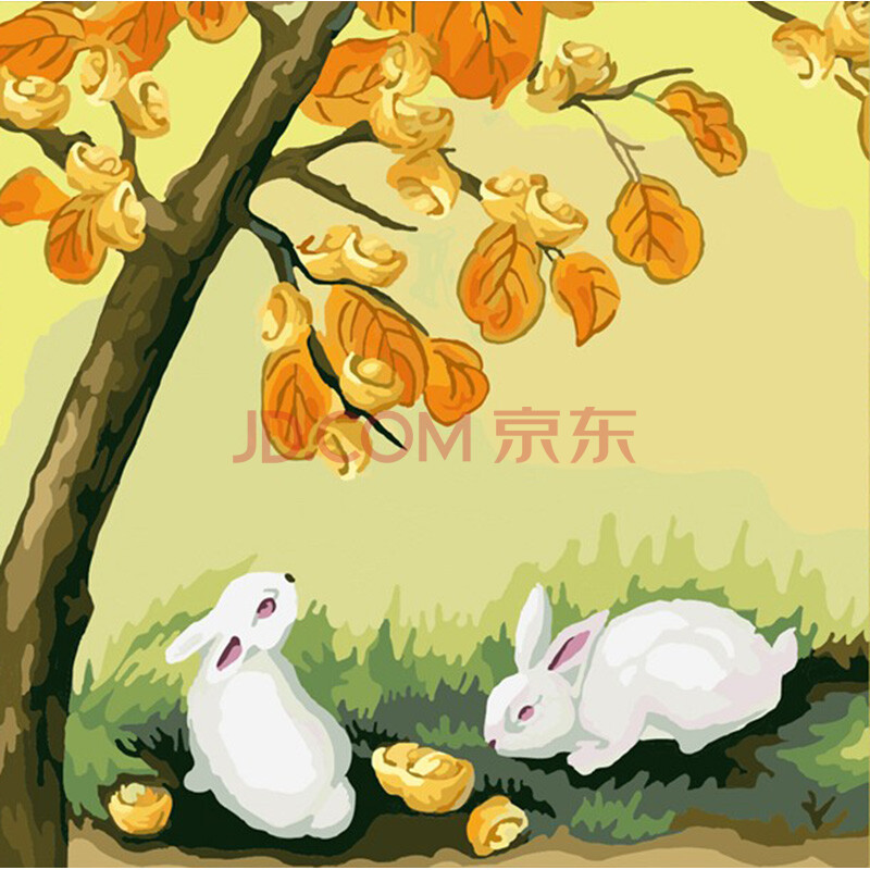 diy手工画手绘自助数字油画 绑好实木内框 宝树玉兔 炫金 40x40cm