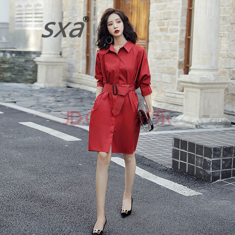 sxa 香港潮牌红色长袖衬衫连衣裙女 2020春季新款韩版气质宽松风衣