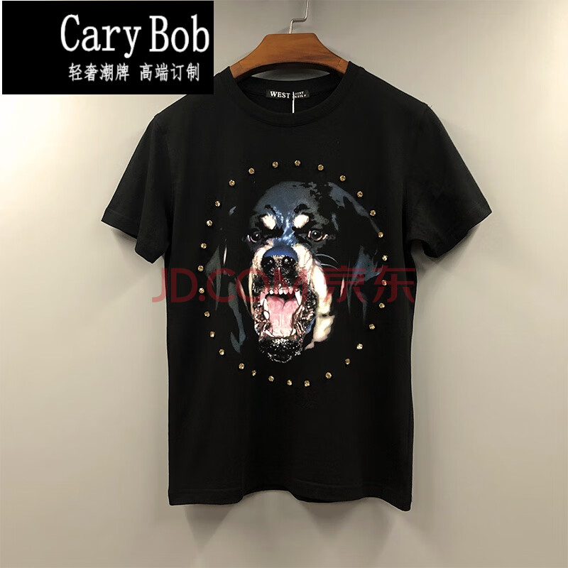 carybob国际奢潮流时尚欧美水钻狗头宽松纯棉半短袖体t恤衫男女情侣装