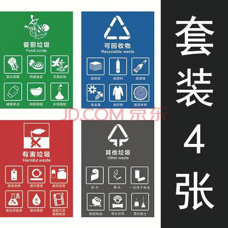 整套干湿其他有害回收垃圾厨余易腐垃圾桶标语 垃圾分类(a款)一套4张