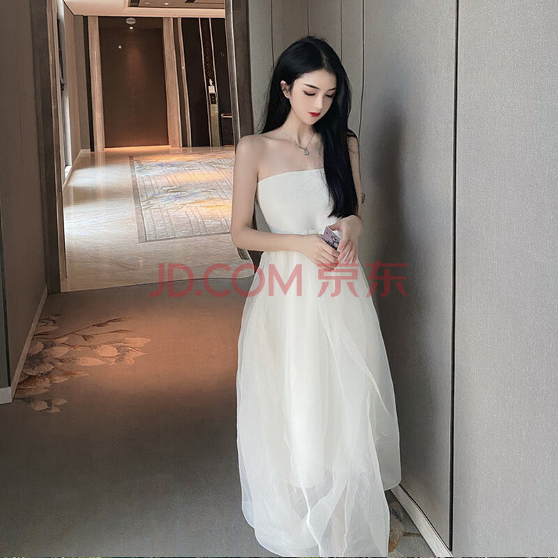 超仙的白色抹胸连衣裙网纱性感仙女裙可盐可甜气质露肩裙子女夏季