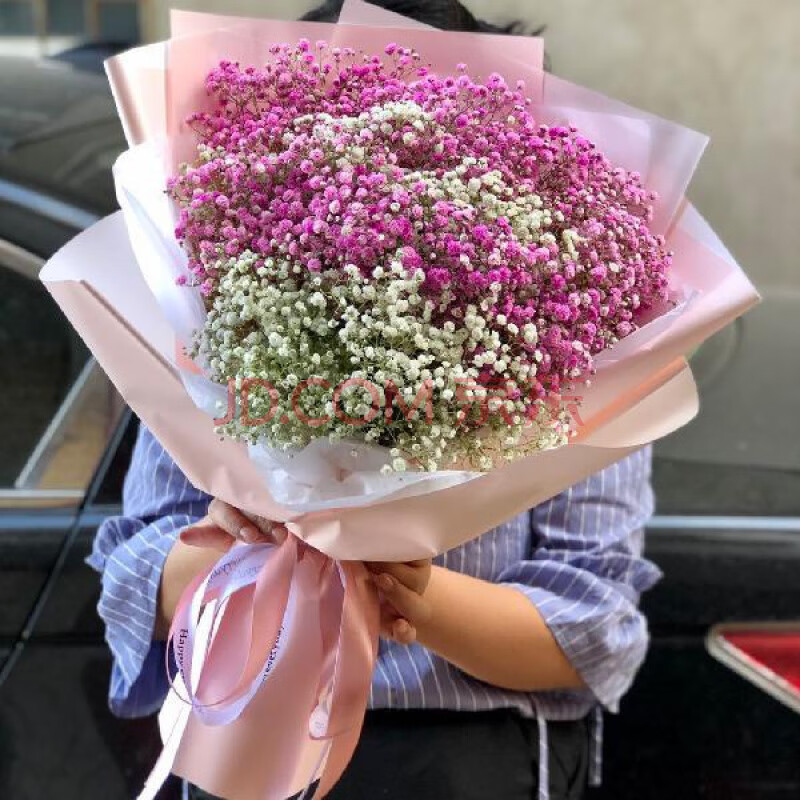 满天星手工花束真花送女友闺蜜干花生节 #含礼袋#粉白星双色精装中束
