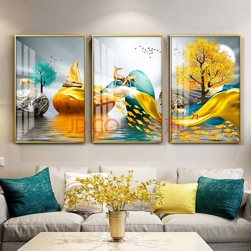 沙发背景墙三联画餐厅玄关壁画北欧风格现代简约卧室轻奢镶钻水晶挂画