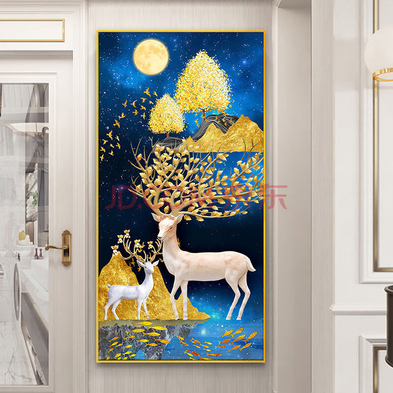 发财鹿钻石画2020新款客厅欧式十字绣砖石竖版满钻玄关麋鹿钻石绣