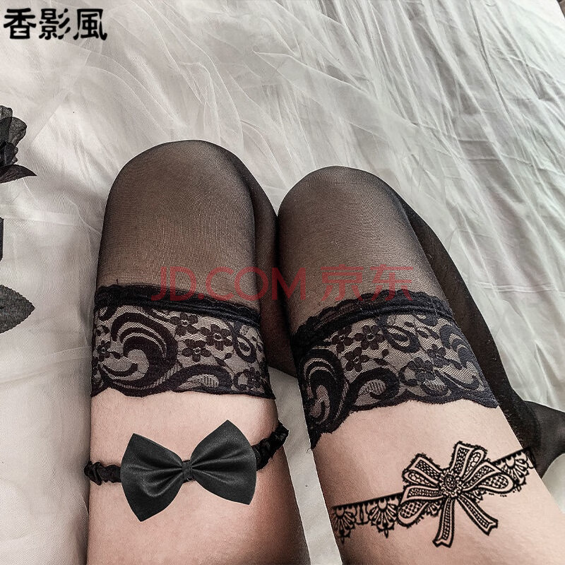 网袜情趣丝袜女连体袜薄性感萝莉极度诱惑过膝长筒吊带袜 黑色蕾丝袜