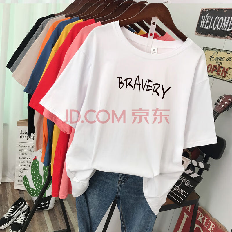 短袖t恤女夏装款印花宽松韩版学生女装大码上衣百搭半袖潮 白色英文