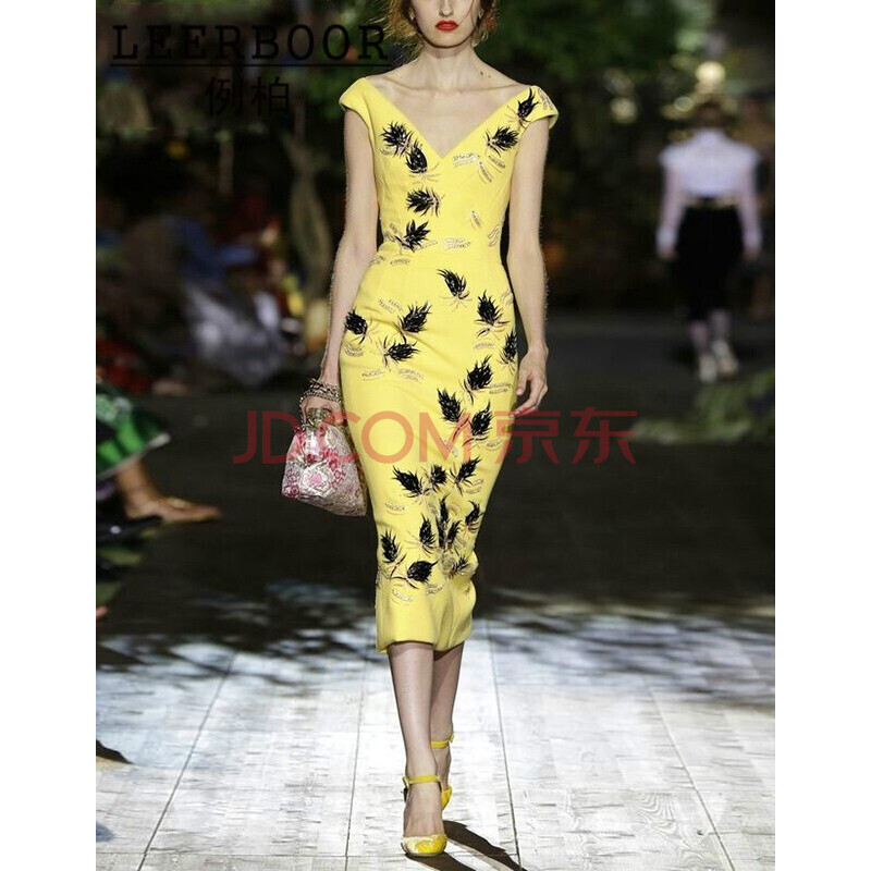 例柏(leerboor)品牌女装欧美走秀时装v领修身法式印花