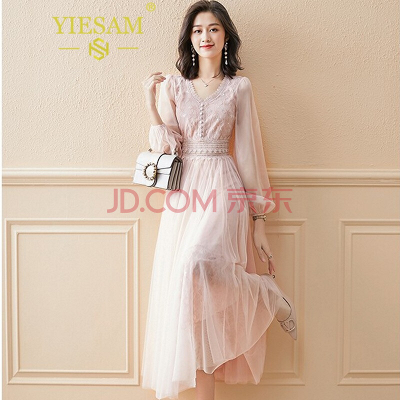 yishan连衣裙女春秋品牌女装2021新款蕾丝雪纺裙子法式显瘦名媛高端