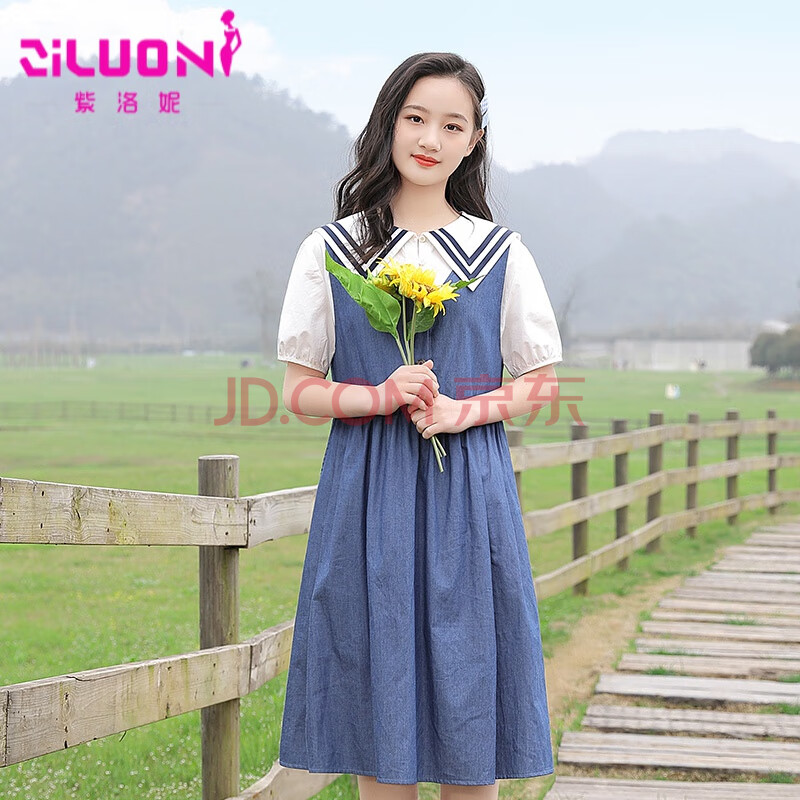 洛妮少女连衣裙女学生夏装2021新品初高中生海军领薄牛仔背带套装裙子