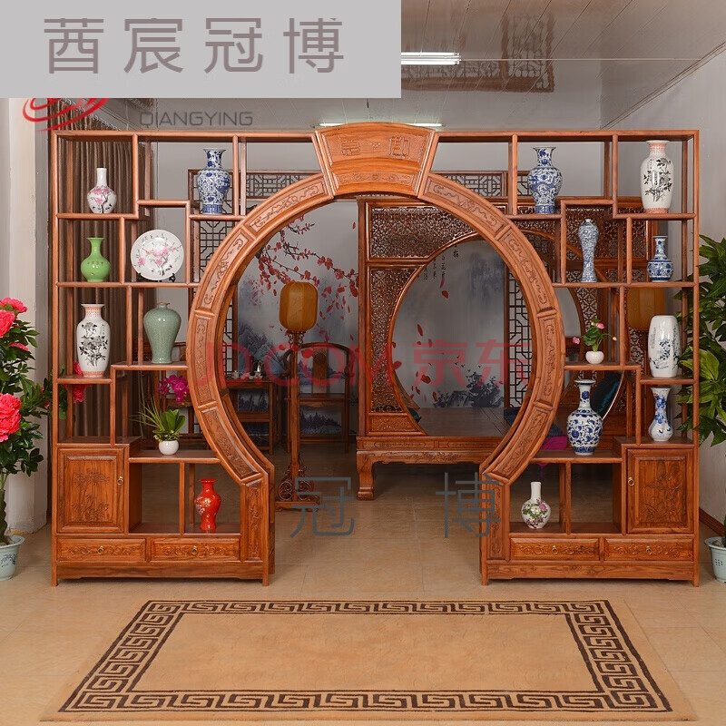 仿古伸缩月洞门隔断背景墙客厅中式古董博古架实亮圆门 双圈月洞门3