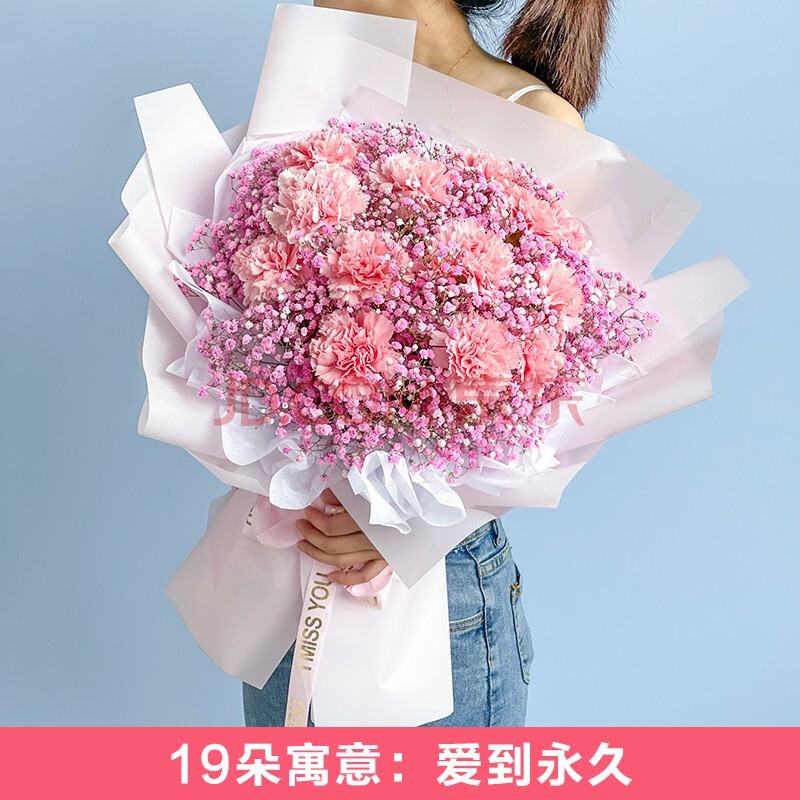 19朵粉色康乃馨花束 满天星