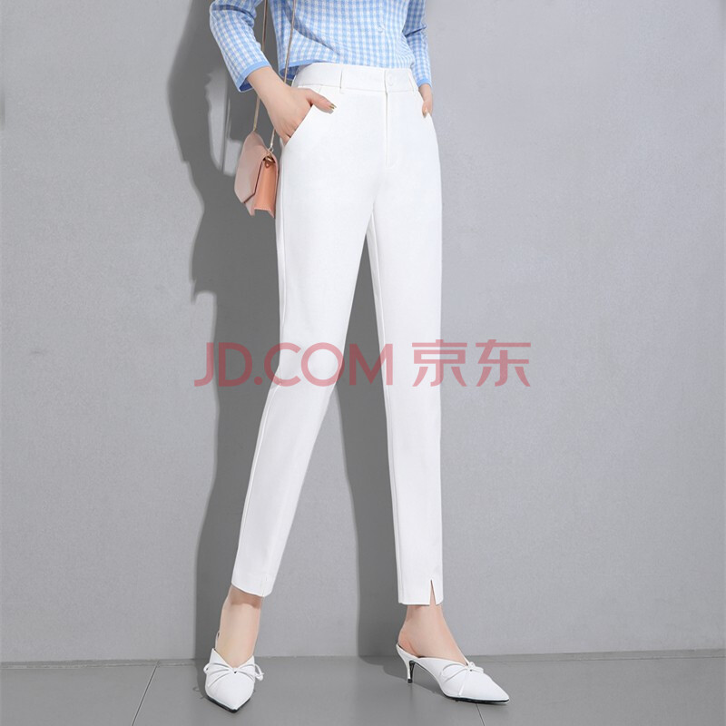 裤女九分高腰春装新款2021大码黑白色哈伦小脚开叉西装裤9992 白色