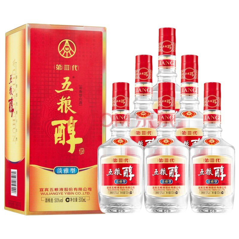 五粮液股份 五粮醇淡雅型第3代 浓香型白酒 50度粮食酒500ml*6瓶整箱