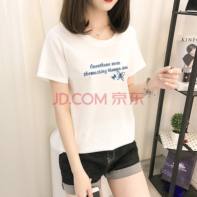 古黛妃 2021韩版夏季新款棉质短袖t恤女学生宽松百搭时尚刺绣字母休闲