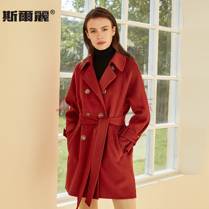 斯尔丽 瑟俪(高端)帅气军旅风一手长女式大衣毛呢大衣 樱桃红 m