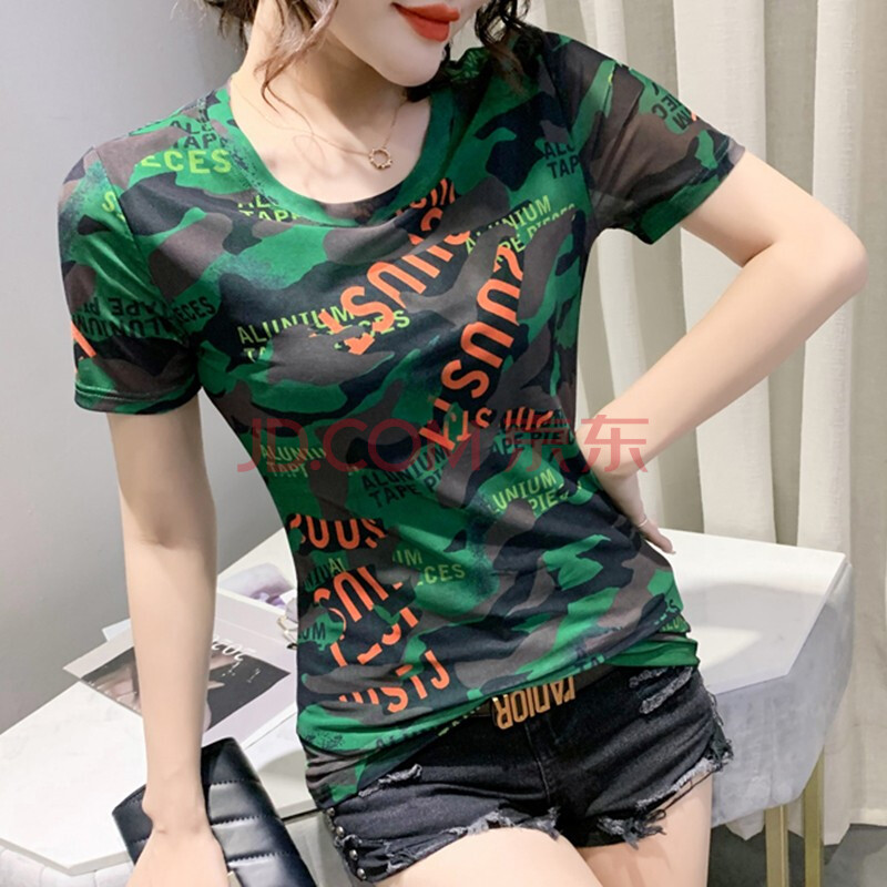 夏季新款个性印花t恤女短袖欧货洋气网纱上衣百搭显瘦迷彩体恤潮 绿色