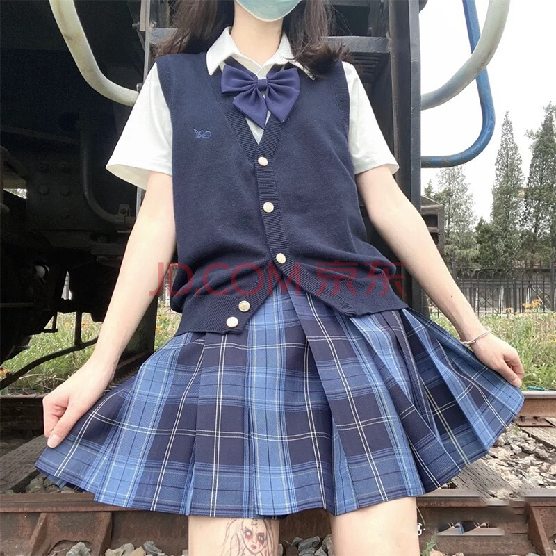 现货掉落原创日系正统jk制服格裙百褶裙学生深蓝格校供感半身裙学院风