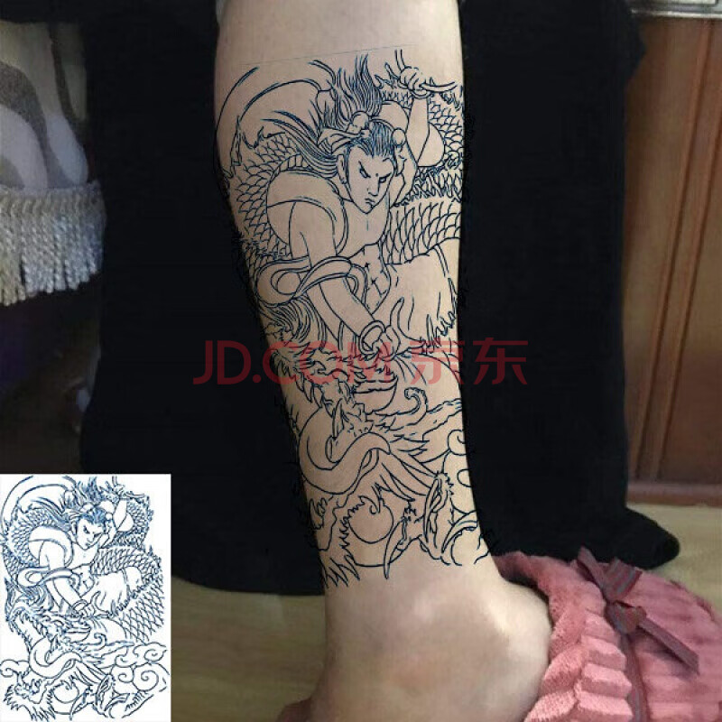 哪吒闹海线条花臂花腿防水纹身贴男女款割线哪吒抽龙筋刺青色 一张