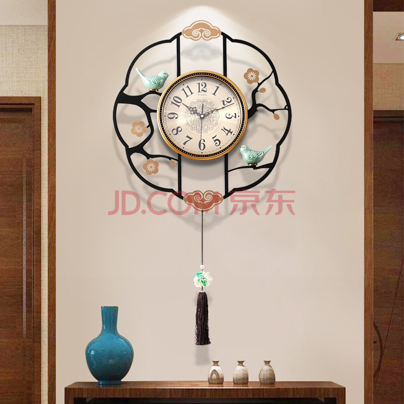 如间(rujian) 新中式挂钟小鸟简约铁艺挂钟客厅创意时钟大气时尚钟表