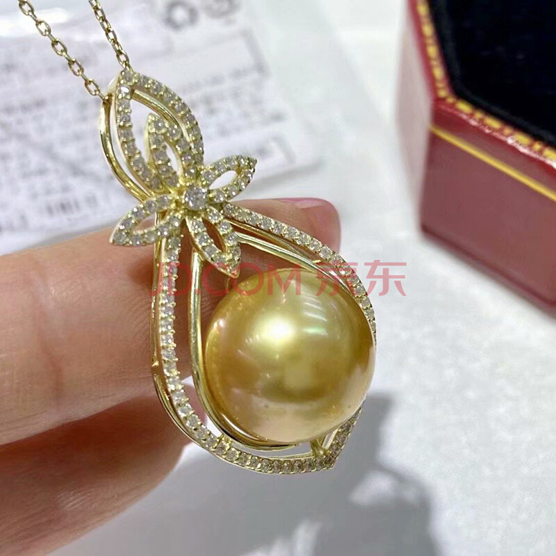 银送妈妈节日礼物 正圆m银镶吊坠【金色款】 11-12mm南洋海水金珍珠