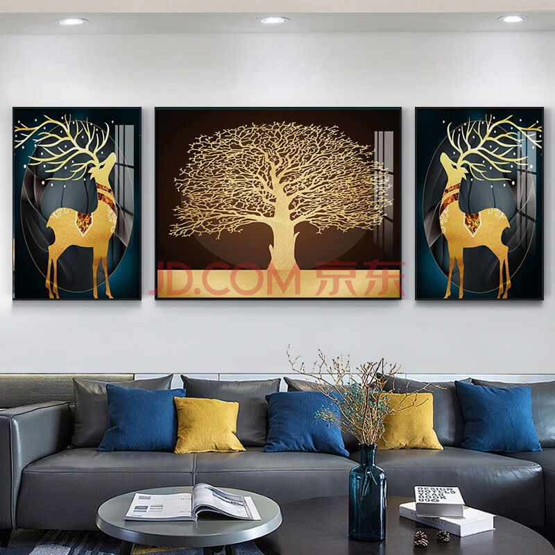 唯曼丽品 现代简约客厅装饰画沙发背景墙壁画金鹿运转卧室三联画晶瓷