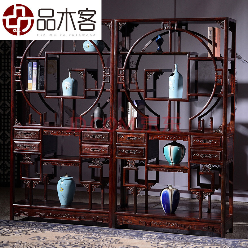 红木家具印尼黑酸枝(学名:阔叶黄檀)非洲木印尼黑木五福圆博古架中式