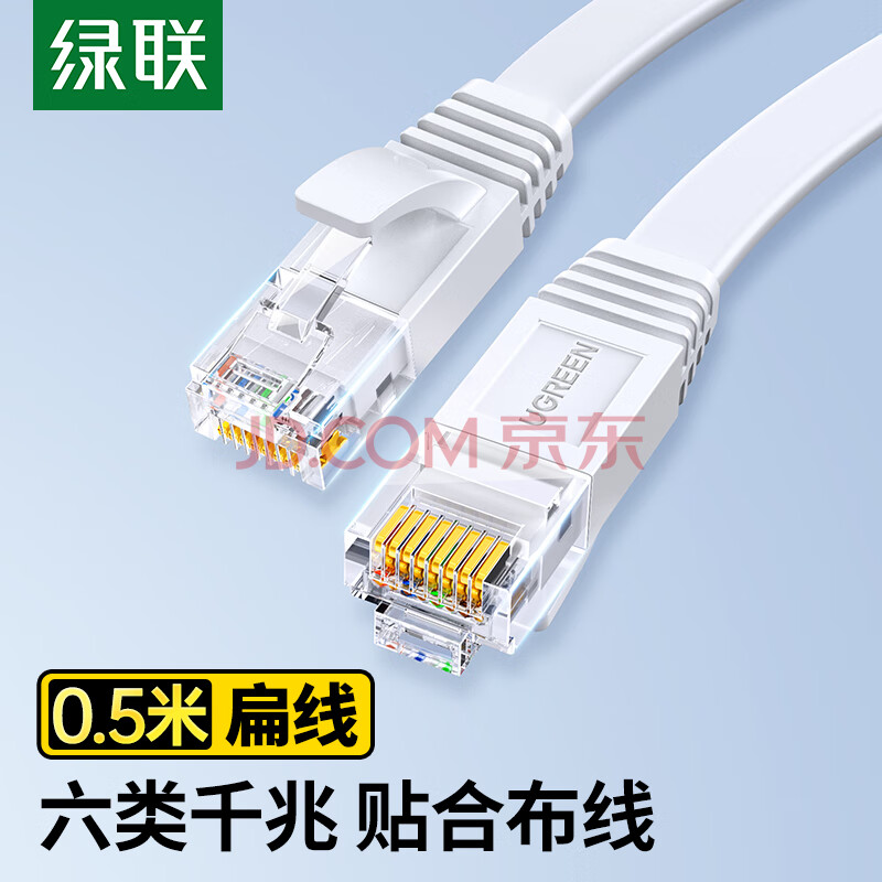 绿联六类网线 千兆网络宽带线 CAT6类家用电脑监控扁平网线 8芯双绞成品跳线 0.5米 灰白色25003