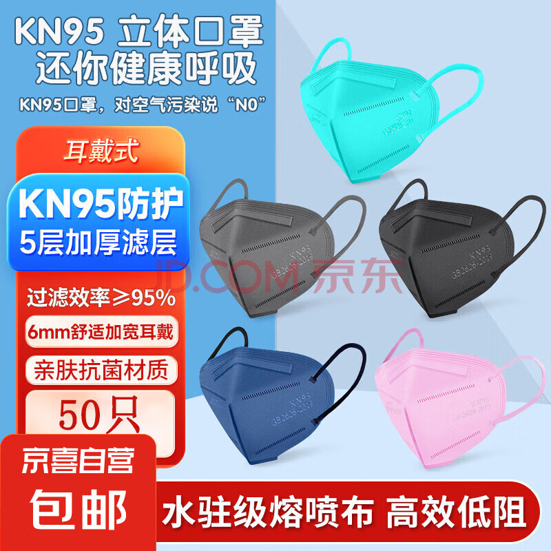 【出口品质】KN95防护口罩成人儿童口罩通用新年冬季防寒囤货 50片装（5色混发）