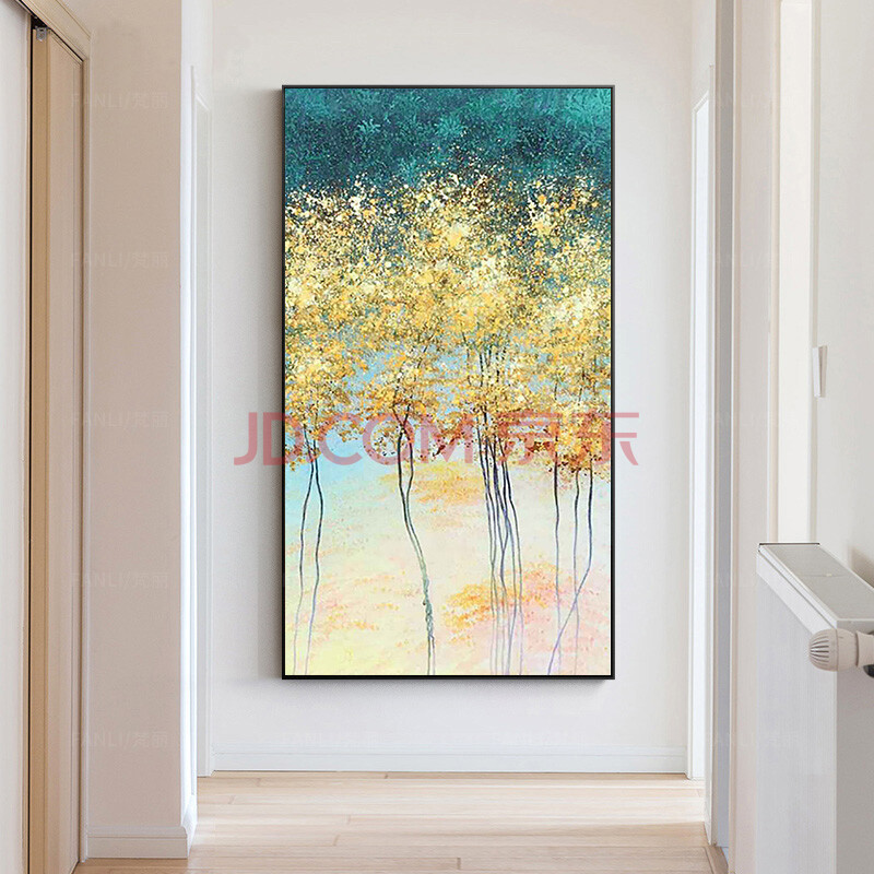 梵丽 手绘油画发财树入户玄关装饰画竖版现代抽象招财风水走廊过道挂