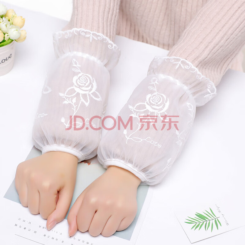 朵胤韩版秋冬季新款蕾丝袖套双层刺绣花朵短款护袖头服防脏套袖女 白色 -玫瑰花