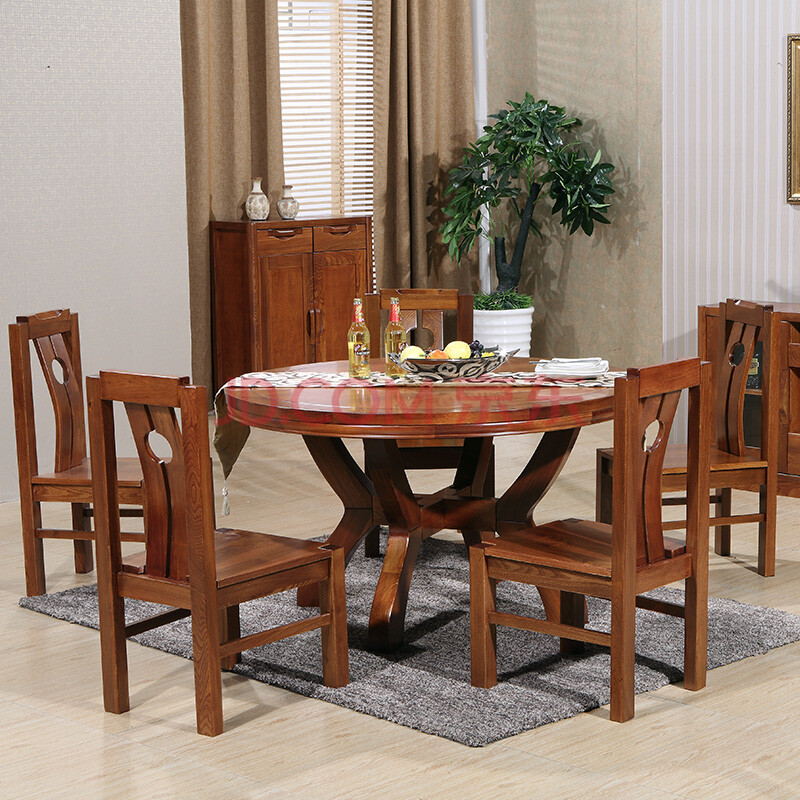 金苏 榆木餐桌 全实木餐桌椅 中式高档圆桌一桌四椅 一桌六椅 餐厅