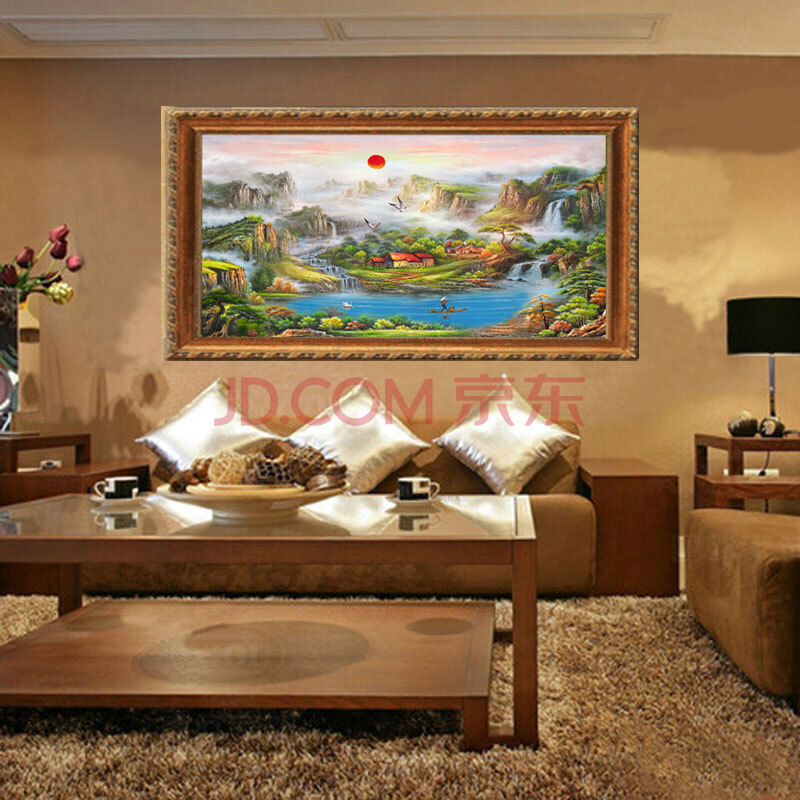 日康 手绘油画中式风景 客厅大厅沙发背景墙挂画 旭日