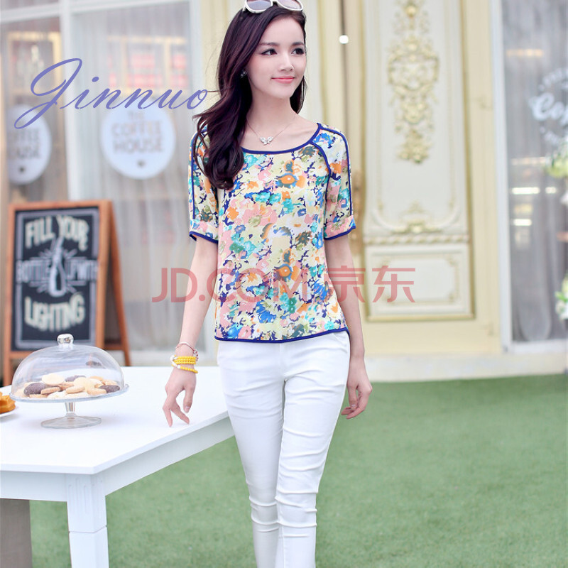 雪纺花朵印花中袖衫哪里买卖比较好的 女雪纺