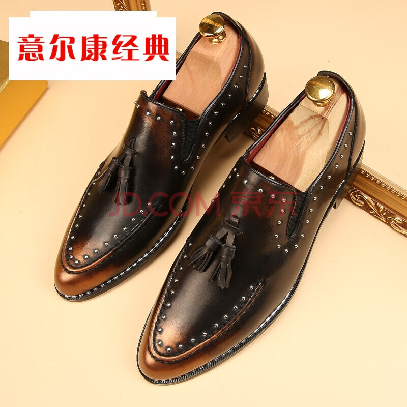 意尔康经典品牌理发型师皮鞋夜店男鞋子韩版英伦百搭青年潮流内增高透气尖头皮鞋 黑色 43