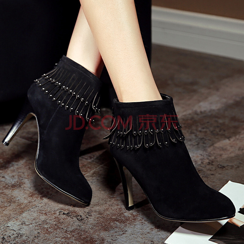 足港2015秋冬新款欧美流苏短靴高跟短筒靴尖头细跟女靴真皮女靴子a33