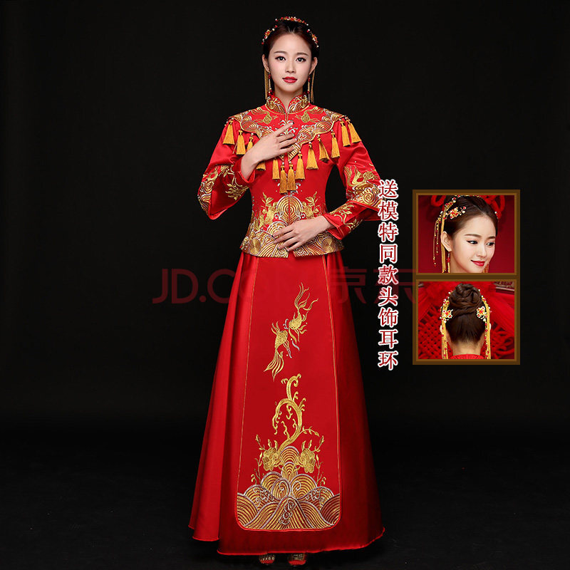 秀禾服龙凤褂新娘礼服2018新款孕妇 结婚 中式古装嫁衣夏季敬酒服 单票简约版配送模特头饰耳环 M