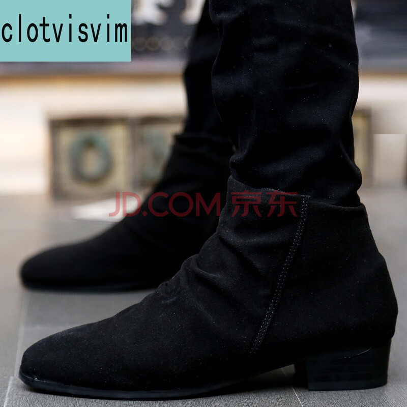 clotvisvim香港潮牌秋冬季英倫尖頭高幫皮鞋男韓版時尚拉鏈休閑鞋短靴時裝男鞋馬丁靴 黑色 42