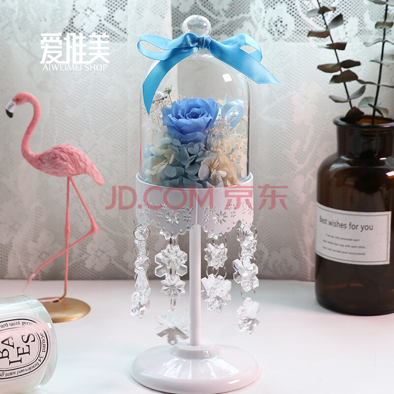 愛惟美 日本进口永生花保鲜花玫瑰玻璃罩礼盒创意生日礼物冰雪奇缘 欧式铁艺永生花-蓝色