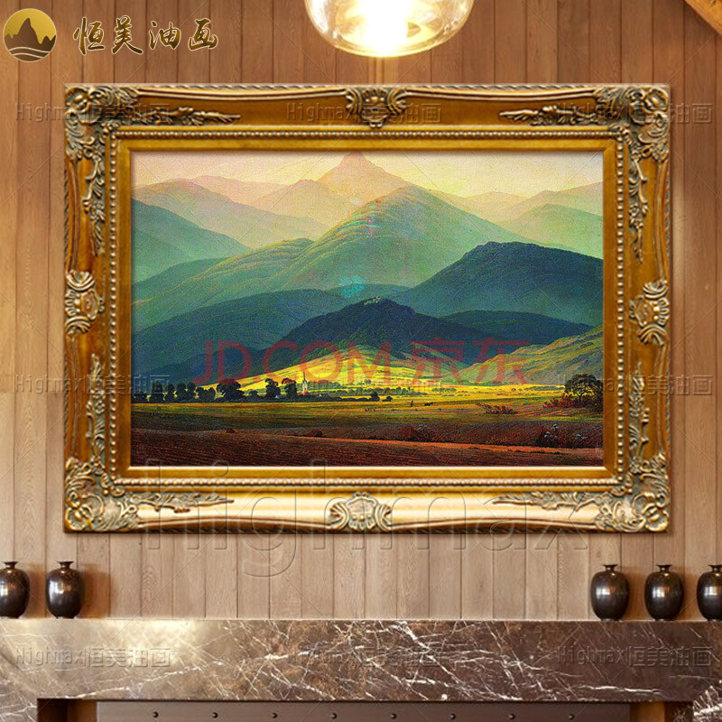 恒美 欧式手绘山水风景大卫巨人山别墅客厅书房办公室玄关壁炉有框挂