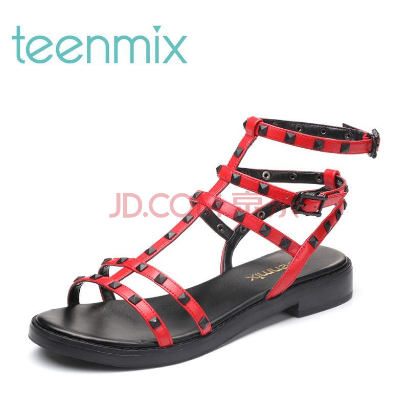 Teenmix/ÌìÃÀÒâ2018ÏÄÒÆÄ¤¶þ²ãţƤö¤ÂÞÂí·ç·½¸úÅ®Á¹Ð¬6L209BL8 ´óºìÉ« 38