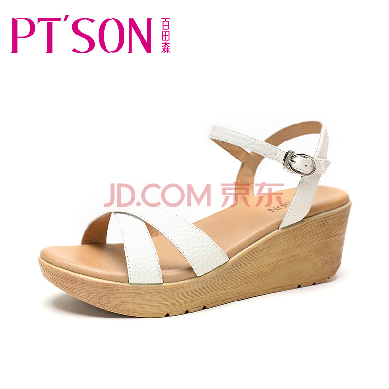 百田森18夏新品厚底松糕底坡跟涼鞋女防水臺百搭女鞋子PYQD8323 米白色 36