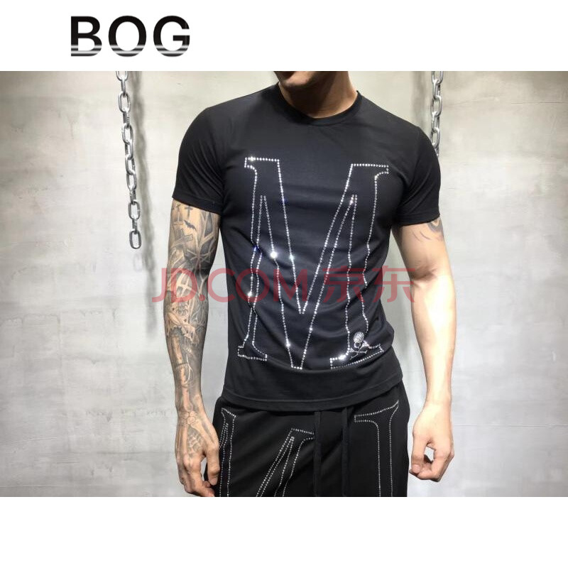 BOG 伟奇香港潮牌运动套装男夏季新品骷髅头大M字母烫钻短裤两件套帅气一套衣服男士大码精神运动服 黑色套装 S
