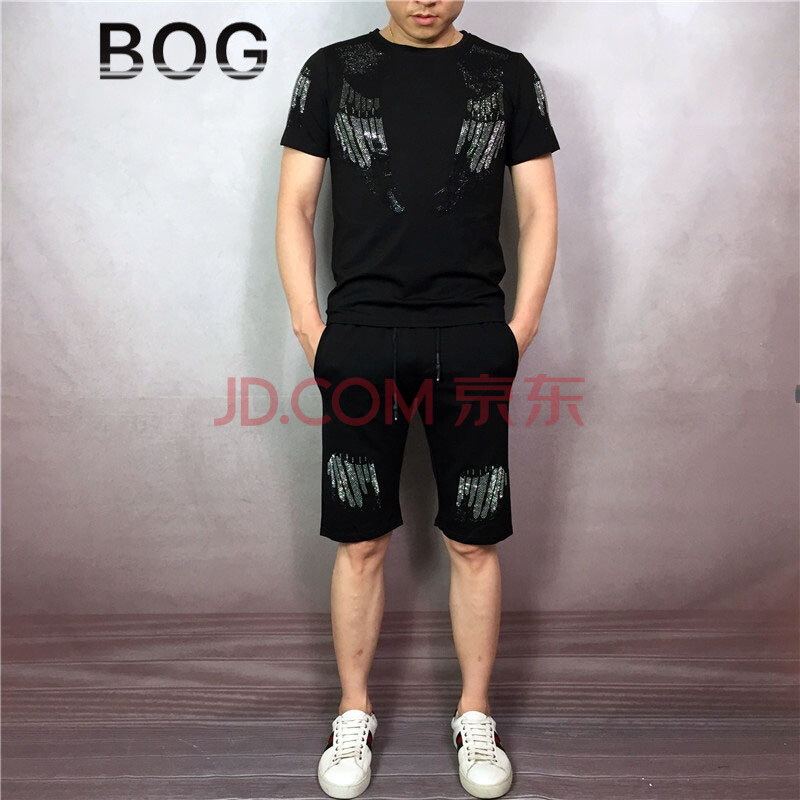 BOG 伟奇香港潮牌社会小伙羽毛翅膀烫钻短袖T恤短裤夏季潮牌情侣男女休闲运动套装修身大码运动服 黑色 M