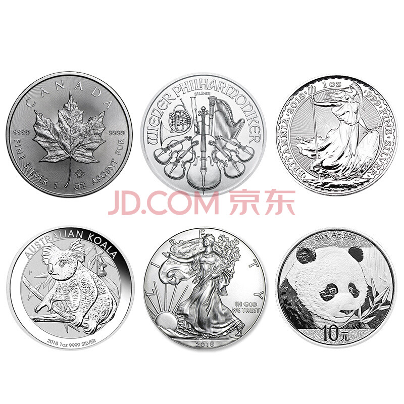 荟银 2018年世界六大投资银币 熊猫银币 美国鹰洋银币 考拉 爱乐团 枫叶 女神 6大投资银币无盒