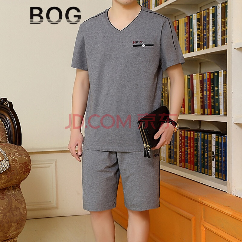 BOG 伟奇香港潮牌运动套装男短袖短裤男士运动服中年宽松爸爸运动装休闲运动衣夏薄休闲大码吸汗纯棉套装 中灰色 L